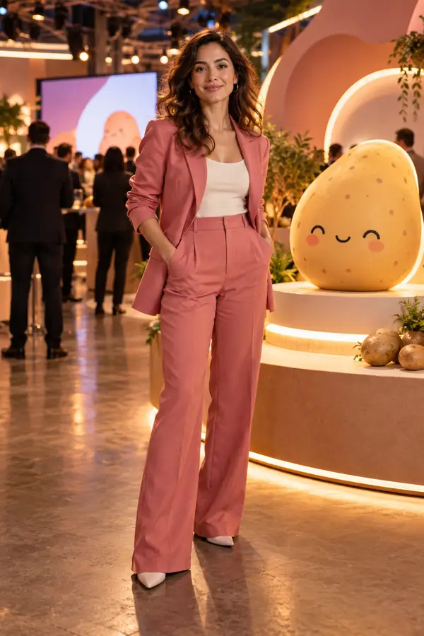 Editorial portrait of a fictional woman entrepreneur in a rose-colored jacket at a technology event, warmly lit and photographed full length.